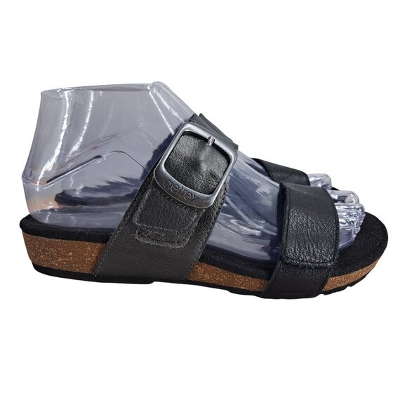 Aetrex Daisy Leather Black Silver Metallic Wedge Sandals Size 36 US 6 Adjustable - Picture 11 of 13